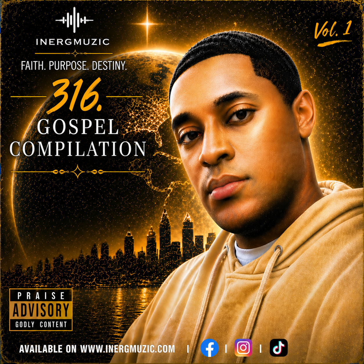 Promotional image for a gospel compilation album with a person in a brown hoodie and cityscape background.