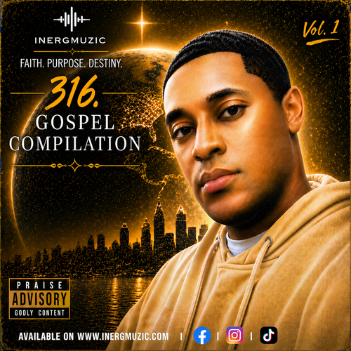 Promotional image for a gospel compilation album with a person in a brown hoodie and cityscape background.